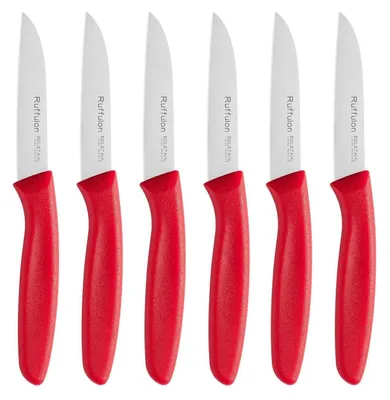 Obrázok produktu pre Sada kuchárskych nožov, 6 kusov, červená, nerezová oceľ, rovná čepeľ, 3 palce. Obsahuje: nôž na ošúpanie, nôž na ovocie a zeleninu. Vhodné do umývačky riadu