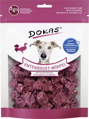 Produktbild von Dokas Entenbrust-Würfel mit Kichererbsen, Rote Beete & Kokosöl, Snacks, Hund, Adult, Rübe, Huhn, Ente, 150 g