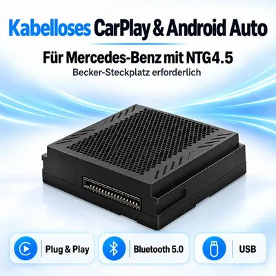 Zdjęcie produktu dla Bezprzewodowa kostka CarPlay i Android Auto dla samochodów Mercedes-Benz z systemem NTG4.5, w tym modele A, B, C, E, CLA, GLA, GLK, ML, Vito i Sprinter, oraz systemy Becker, Obraz wygenerowany przez AI