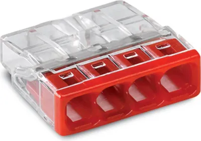 Immagine prodotto di Morsetto per scatola di derivazione Wago COMPACT a 4 poli max. 2,5 mm², trasparente/rosso, confezione da 100 pezzi.