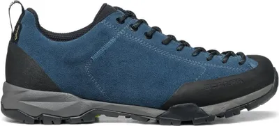 Mojito Trail GTX Wanderschuhe von Scarpa in Blau mit grauen Akzenten und rutschfester Sohle.