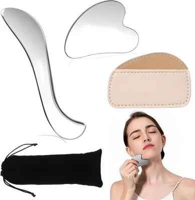 Produktbild von Gua Sha-Massagegeräte, Herzform, 2 Stück. Gua Sha aus Edelstahl, für Gesicht, Augen, Hals, Körper, zur Reduzierung von Schwellungen