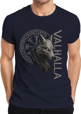 Produktbild von Valhalla Wikinger Wolfskopf Runen Nordische Mythologie Fenrir Herren T-Shirt, Navy, L
