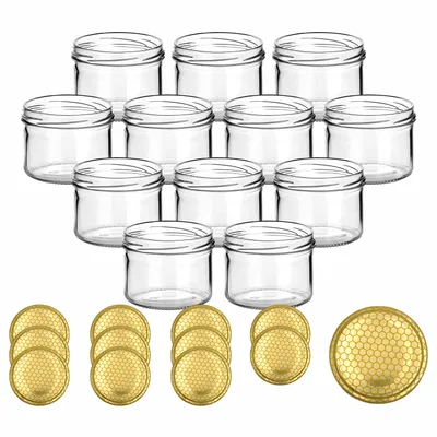 Produktbild von gouveo 12er Set Einmachgläser 230 ml rund mit Schraub-Deckel Bienenwabe - Vorratsgläser mit Drehverschluss TO82 - Marmeladenglas, Schraubglas