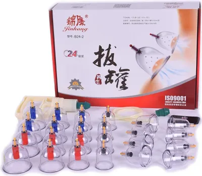 Produktbild von HQ Massage Schröpfen Set mit 24 Schröpfgläser aus Kunststoff mit Magneten (inkl. 8 Gelenkschröpfen) + Vakuumpumpe