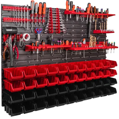 Image de Panneau d'outils mural 115x78 cm avec 44 pcs. Boîtes de suspension avec jeu de supports en plastique