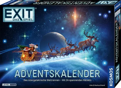 The image shows the front of a board game box with a festive, space-themed illustration.