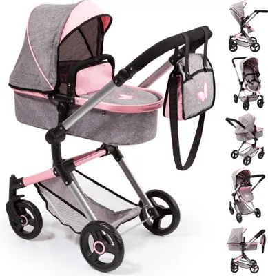 Obrázek produktu pro Bayer Design 18433AA, kočárek pro panenky Neo Vario s přebalovací taškou a nákupním košíkem, přestavitelný na kočárek, výškově nastavitelný, šedý džínový vzhled, růžový, motýl, 52 cm