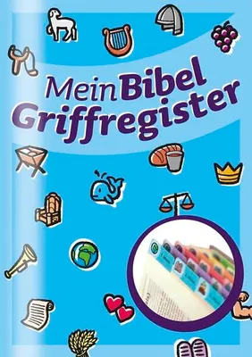 Produktbild von Griffregister für Kinder Bibelausgaben, bunte Klebefolie mit Einklebehilfe, Symbolen, zusätzlichen Einklebern und Merkkarte