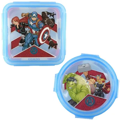 Produktbild von Kinder Brotdosen Set quadratisch & rund Deckel abnehmbar & Heldenmotiv