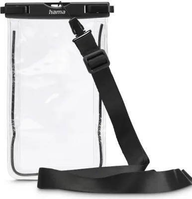 A clear waterproof pouch with a black strap against a white background.