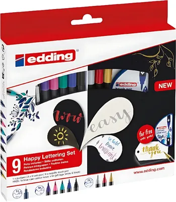 Zdjęcie produktu dla Edding Happy Lettering Set, Złoto, Metaliczny niebieski, Metaliczny zielony, Metallic red, Metaliczny fiolet, Srebrny, Końcówka pędzlowa, 1 mm, 6 mm, Wielobarwny, Okrągły