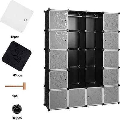 Produktbild von TolleTour Regalsystem Kleiderschrank DIY Regalsystem Garderobenschrank Steckregal Steckregalsystem mit Tür Kunststoffschrank 20 Boxen/Nachbildung bedruckt