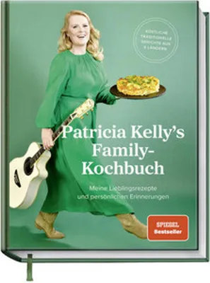 A woman holding a guitar and a pie, in front of a green background, with text overlay.