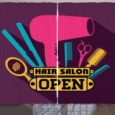 Produktbild von ARANDE Friseur Gardine, Schönheitssalon Inspiriert Konzept mit klarer Farbe Friseurgeräte Icon, 280 x 260 cm, Mehrfarbig