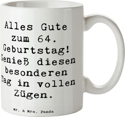 Produktbild von Mr. & Mrs. Panda Kaffeebecher Spruch 64. Geburtstag - Weiß - Geschenk, Geburtstagspersonalisiert, Keramiktasse, Zufriedenheit, Becher, alles Gute, Geburtstagsüberraschung