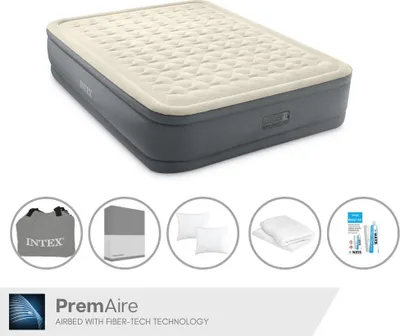 Produktbild von Intex Luftbett - 2 Personen - 152 x 203 x 46 cm - Grau - Mit elektrischer Pumpe, Spannbettlaken Anthrazit, Kopfkissen, Molton 2 in 1 Kissenbezüge en Reperaturset