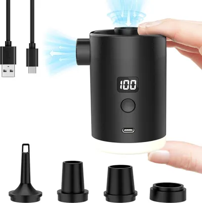 Produktbild von Tragbare Luftpumpe, Mini-Luftmatratzenpumpe mit Campinglicht und LED-Anzeige, USB-aufladbare Pool-Luftpumpe, Isomatte, Schwimmring