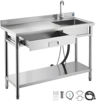 Zdjęcie produktu dla Zlewozmywak gastronomiczny - Zlewozmywak jednokomorowy ze stali nierdzewnej - 120 x 50 x 94 cm - Z baterią - Z szufladą - Blat lewy