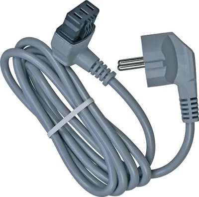 A close-up view of a grey power cable with two different types of plugs.