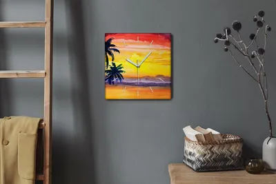 Produktbild von Coloray Hodiny Unikátní 30x30 cm  Tiché hodiny Pro obývací pokoj a kuchyň Nástěnné hodiny Plátno Bílé ručičky hodin - Palm Coast Sunset