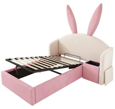 Productafbeelding van Gestoffeerd bed - Bedframe met hoofdeinde in de vorm van konijnenoren - 90 x 200 cm - Fluweel - Hydraulische opbergruimte onder het bed - Beige en roze - Zonder matras