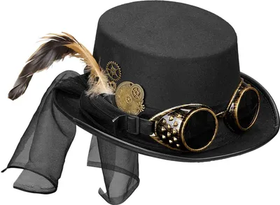 A steampunk-style top hat with goggles and feather.