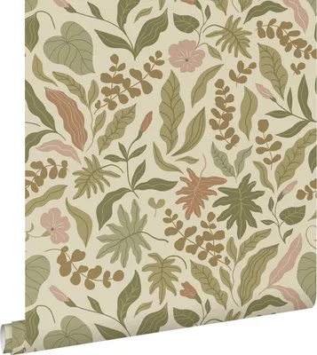 Imagen del producto de ESTAhome papel pintado hojas y flores verde oliva agrisado, rojo barro cocido y rosa 50 x 900 cm