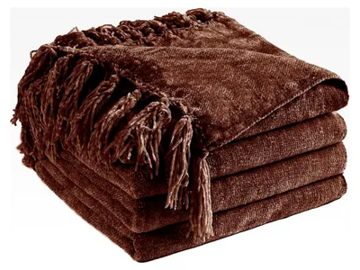Produktbild von Chenille-Überwurfdecke für Couch, 152 x 203 cm, weich, gemütlich, mit Fransenquasten für Bett, Sofa, Stuhl, leicht, gestrickt, dekorative Boho-Decke für Wohnzimmer, Dunkelbraun