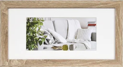 A framed picture of a modern living room sofa with decorative pillows and plants.