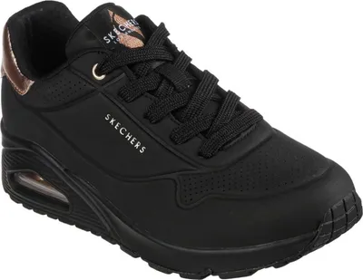 A black Skechers sneaker with rose gold accents.