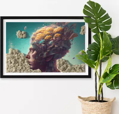 Produktbild von Moosbild mit Konserviertem Moos 3D Wandbild - 60x40 cm - Schwarzer MDF-Rahmen - Mann mit Kopf in den Wolken