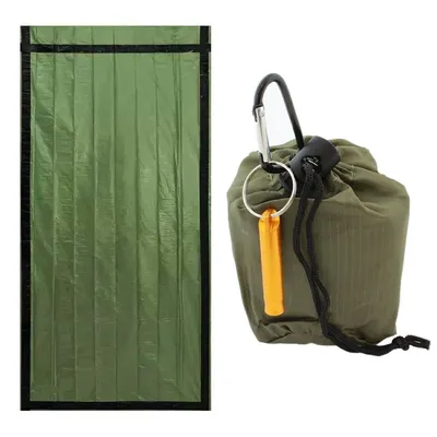 A green emergency sleeping bag is shown next to a green drawstring bag with a carabiner and an orange tag.