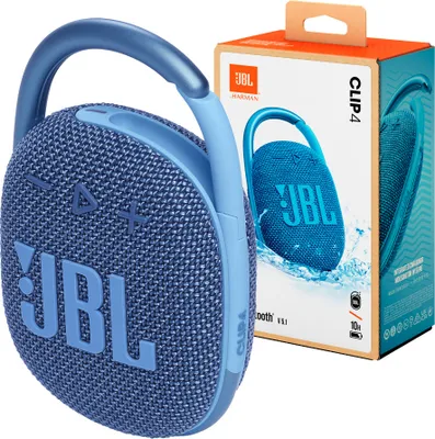 A blue JBL Clip 4 portable Bluetooth speaker is shown next to its retail packaging.