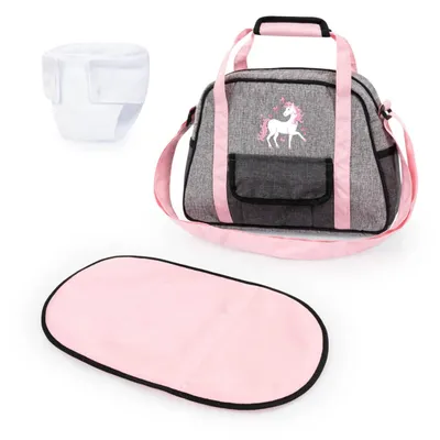 Produktbild von Bayer Design 69033AB Wickeltasche für Puppen, Winkelunterlage, Stoffwindel, jeans-grau, rosa