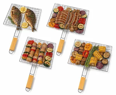 Immagine prodotto di 4 griglie da barbecue 23x21 cm con manico in legno – Set di griglie in metallo per pesce, carne, verdure e salsicce – Accessori per barbecue a carbonella, campeggio e cucina all’aperto