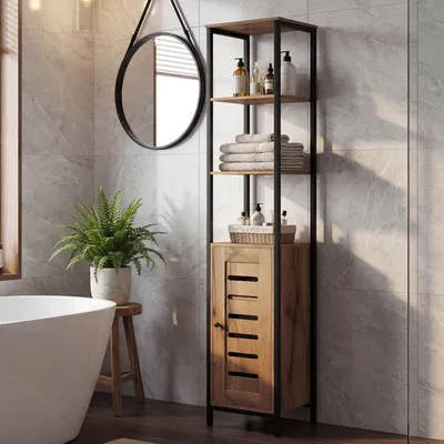 Image de Armoire haute de salle de bain au design industriel, avec porte à lamelles et 3 compartiments ouverts, dimensions : 37 x 30 x 167 cm, couleur : marron