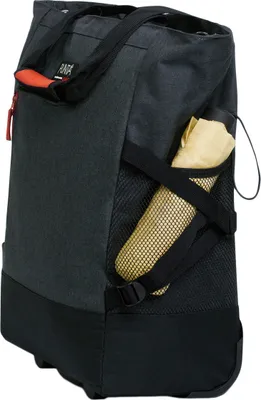 A dark gray rolling bag with black accents and a small orange detail.