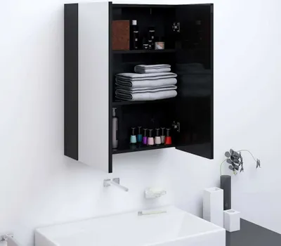 Zdjęcie produktu dla The Living Store Szafka łazienkowa z lustrem 60x15x75 cm MDF czarny błyszczący