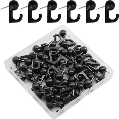 Produktbild von 50 Stück Reißzwecken mit Haken, Kunststoffbox, schwarz, transparent, Kork, Pinnwand, Whiteboard, Wandkarte, Fotobefestigung, Reißzwecke, Bürobedarf