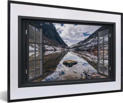 Produktbild von MuchoWow® Gerahmtes Poster Aussicht - Berge - Wasser 60x40 cm - Poster mit Schwarzem Bilderrahmen Wandposter Rahmen Foto Bilder - Schlafzimmer - Plakat in Rahmen - Drucken