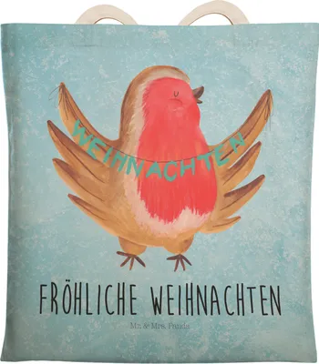 Produktbild von Mr. & Mrs. Panda Beutel Tasche Rotkehlchen Weihnachten - Eisblau - Geschenk, Heiligabend, Weihnachtsgruß, Tote Bag, Winter, Beuteltasche, Vogel, Stofftragetasche, Frohe