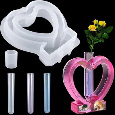 Immagine prodotto di Stampo in silicone a forma di cuore per la propagazione delle piante, con 3 provette in acrilico; stampo in resina epossidica per decorazioni idroponiche da interno