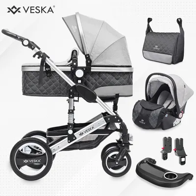 A collage of a baby stroller and its accessories, presented on a light gray and white background.