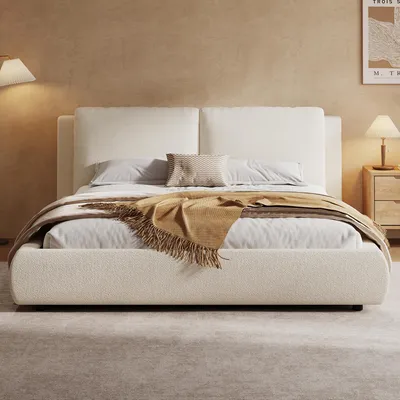 Produktbild von okwish Polsterbett 180×200 Stauraumbett mit Bettkasten und Lattenrost,Funktionsbett Doppelbett aus Bouclé mit gepolstertes Kopfteil,Beige(Ohne Matratze)