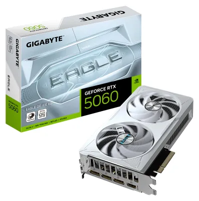 Obrázek produktu pro GIGABYTE GeForce RTX 5060 EAGLE OC ICE 8G, GeForce RTX 5060, 8 GB, GDDR7, 128 bit, 7680 x 4320 px, PCI Express 5.0