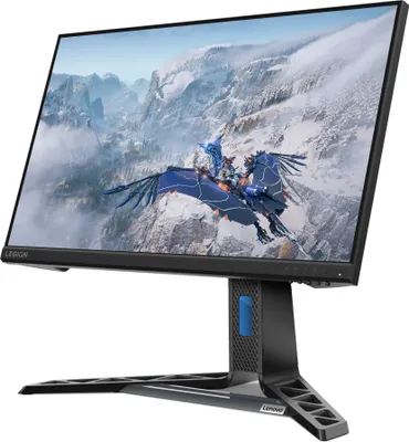 A Lenovo Legion gaming monitor is shown against a white background. The monitor displays a fantasy scene with a winged creature flying over snowy mountains.