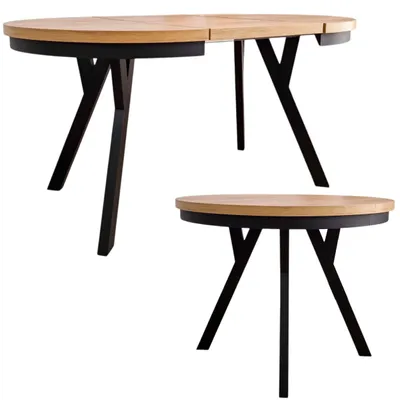 Two tables, one extended and one round, are shown against a white background.