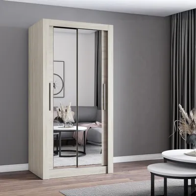 Produktbild von Kleiderschrank Schwebetürenschrank Schrank 100cm Sonoma/Sonoma mit zwei Spiegeln  MILAN
