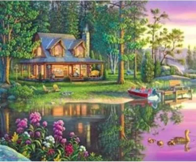 Produktbild von "Malen nach Zahlen: Haus im Wald am See, 40x50 cm, auf Leinwand auf Keilrahmen."